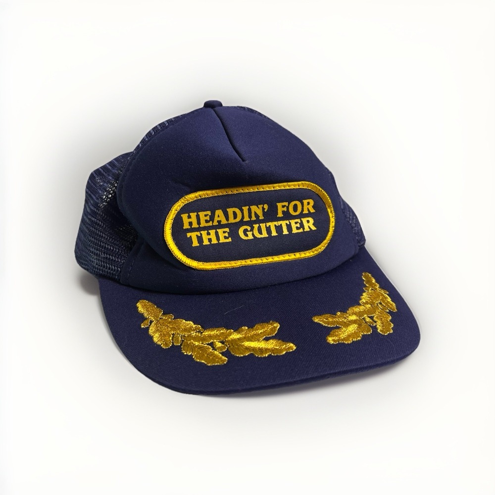 Vtg 80s Snapback Trucker Hat Cap Navy Gold Embroidered Bowling Novelty Funny
